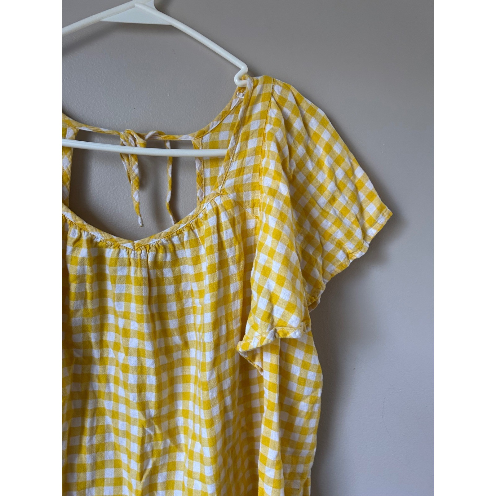 Yellow White Gingham Square Neck Flutter Sleeve  … - image 3