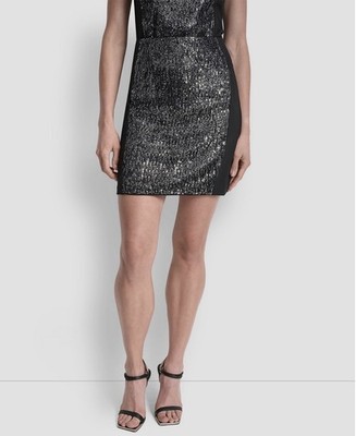 DKNY Women's Black/Silver Sequin Panel Mini Ponte Skirt Size 16 NWT