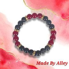 Red and Black 8mm Handmade Round Beaded Bracelet with Gold Rhinestone Spacers