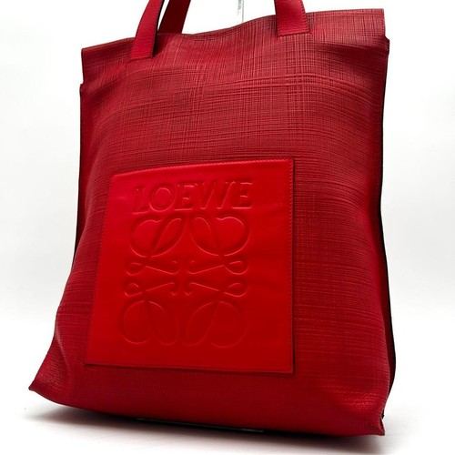 LOEWE Good Condition Shopper Tote Linen Anagram Leather Red Shoulder Bag