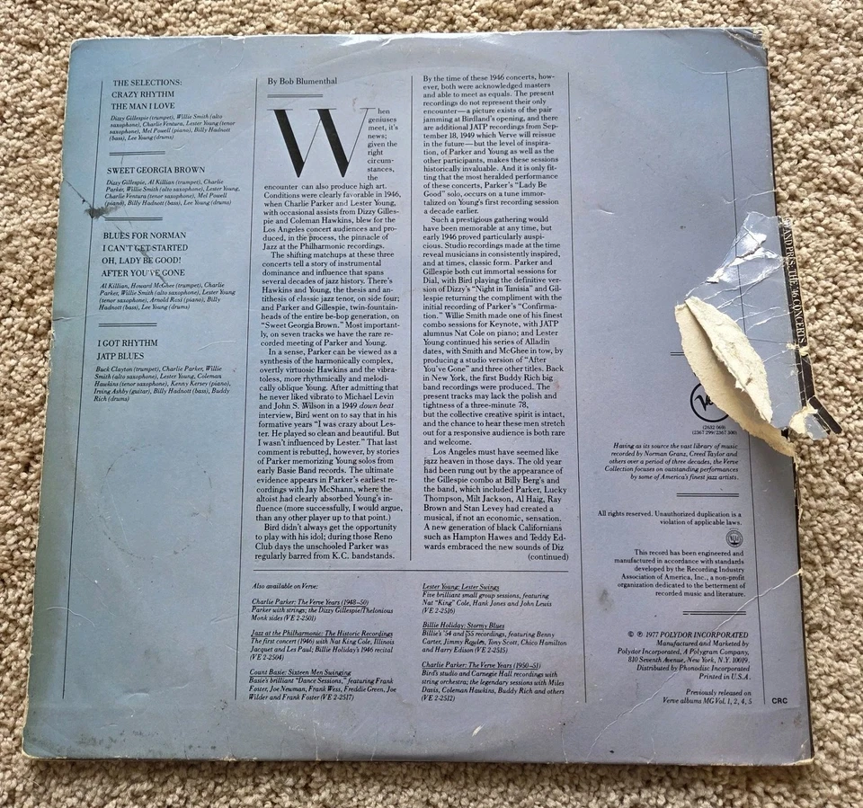 Bird and Pres: The '46 Concerts - Jazz at the Philharmonic 2xLP Verve VE-2-2511  Foto 2 de 4