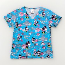 Disney Women Scrub Top XS Blue Minnie Mouse Geeky Chic Smart Pretty Allover