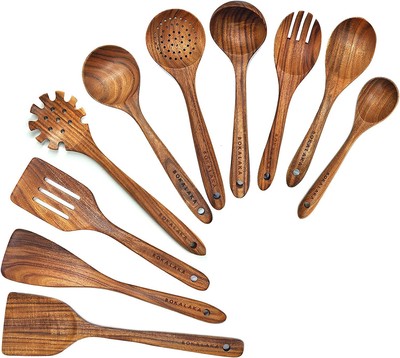 10 Pcs Natural Teak Wooden Kitchen Utensils Set Wooden Utensils for Cooking