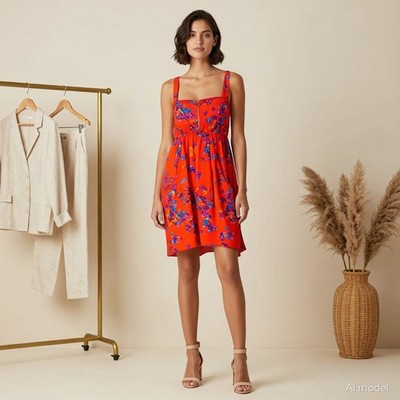 Boho Cottage Knee Length Dress Multi Floral Viscose Shift Zip Pockets Folk US 6