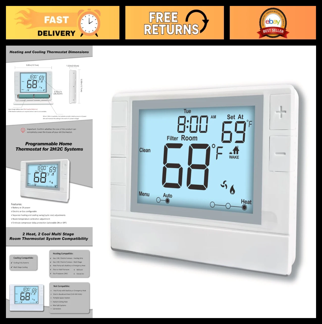 "Smart Programmable Thermostat for Home HVAC, Multi-Stage 2 Heat/2 Cool, White B