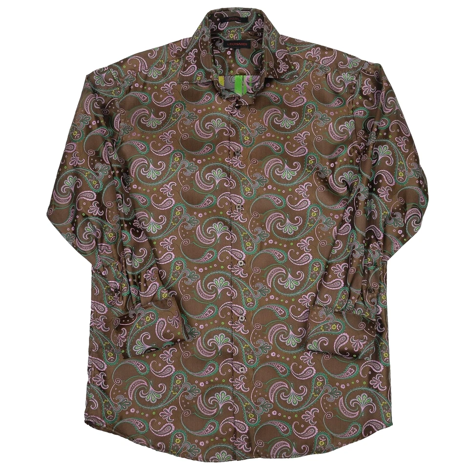 Camisa Leonardi Para Hombres Puño Francés Paisley Talla M Gruesa Poli Marrón/Rosa/Verde Foto 2 de 4