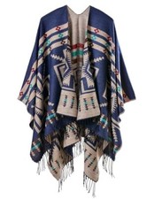 Women's Shawl Wraps Open Front Poncho Cape One Size Series 3-geometry Navy Blue