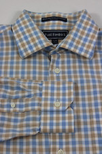 Paul Fredrick Mens Dress Shirt 16 35 Blue Plaid Long Sleeve Spread Collar