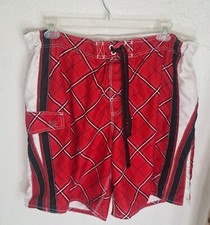 OP Board Shorts Swim Trunks Mens XL Red/Black/White Plaid, Good Condition