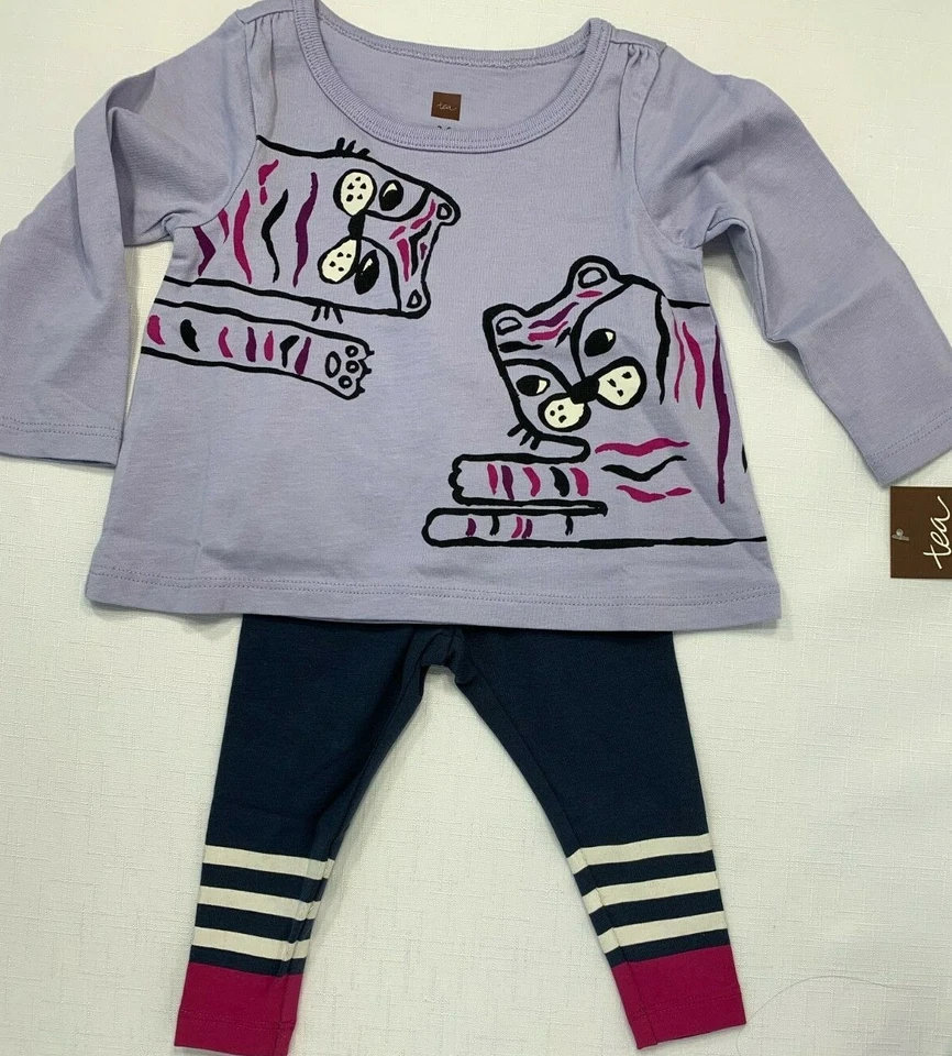 Новый с Ярлыками чай коллекции девочек 3-6 месяцев фиолетовый Tiger Cat рубашка и леггинсы комплект - Изображение 2 из 4