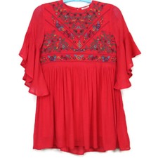 Umgee Boho Babydoll Short Mini Dress Red Floral Embroidered Size S Small