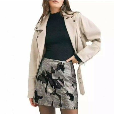 Free People Skinny Sequin Mini Skirt Size Camo Lined Back Zip