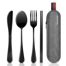 Portable Stainless Steel Utensil Set with Case for Camping and Travel Black