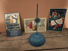 Vintage Receipt Spike Repurposed Ephemera Holder + 3 Postcards (1 Christmas) 
