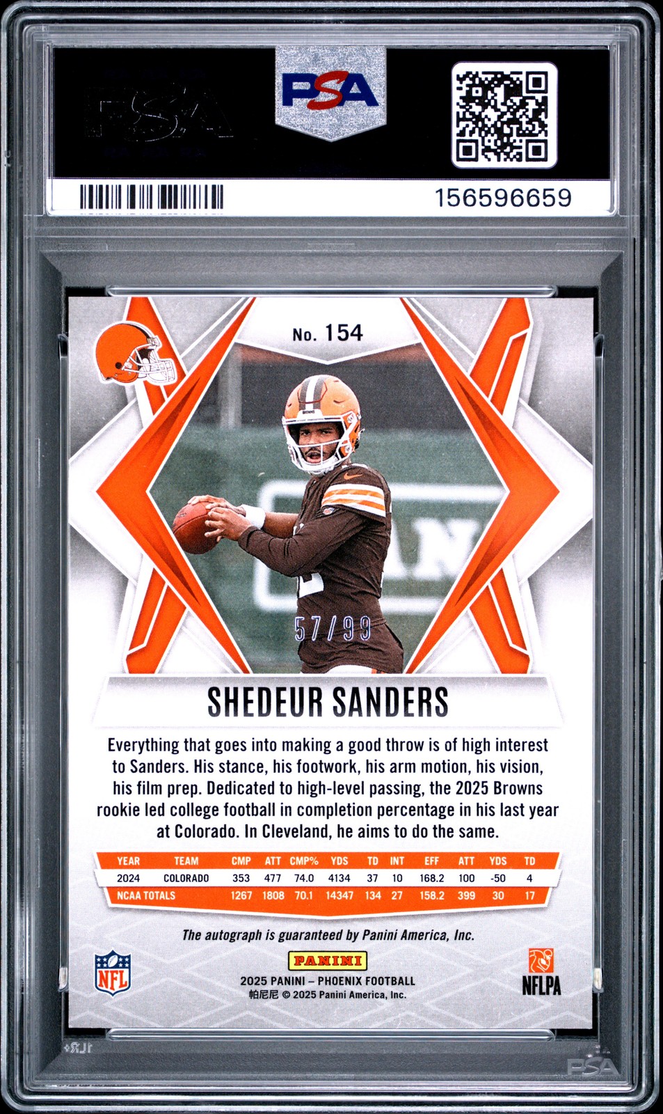 2025 PANINI PHOENIX AUTO-RED #154 SHEDEUR SANDERS ROOKIE RC /99 PSA 10 view 2
