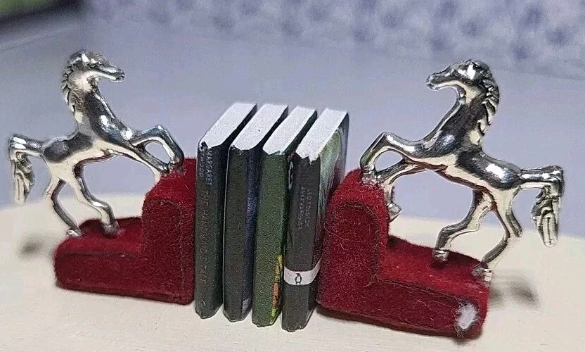 DollsHouse Handmade 1.12th Horse Bookends On Dark Red Velvet Plynth with 4 Books - Image 1 of 3