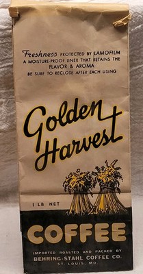 Vintage Golden Harvest Paper Coffee Bag Behring Stahl St Louis Missouri Empty 