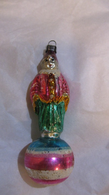 Antique German Figural Clown On Ball Glass Christmas Ornament