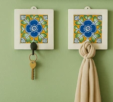 Assorted key  Holder with Ceramic Tile Inlay & Hooks – Entryway Key Holder