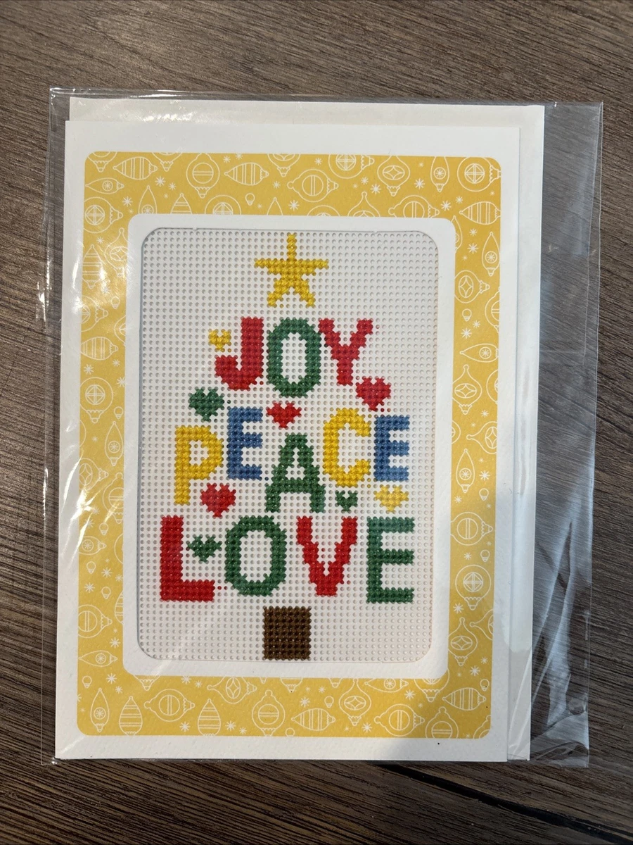 FINISHED COMPLETED CROSS STITCH GREETING CARD ~ Joy Peace Love Tree