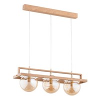 Pendelleuchte 3-Flammig Glas Bernstein Holz E14 L:61 Cm HäNgelampe Wohnzimmer