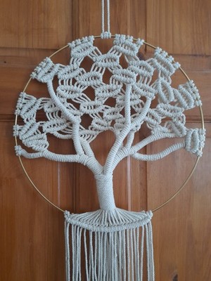Lebensbaum Makramee Hängedeko Wandbild 30 cm Durchmesser beige Baumwolle 
