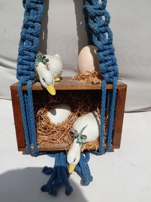 VTG Granny Core Macrame Wall Hanging Decor W/ Ducks On Nests with Eggs