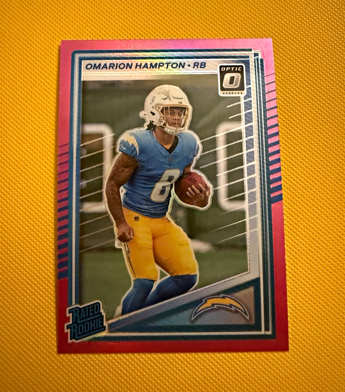 Panini 2025 Donruss Optic Omarion Hampton #303 Rated Rookie Pink Prizm Chargers
