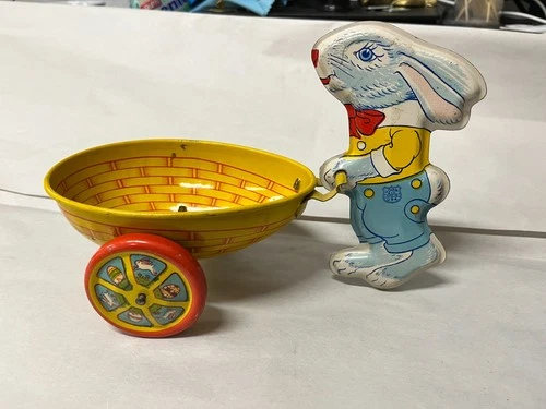 Vintage 1950s Made In USA J. Chein & Co Tin Metal Blue Bunny Rabbit Egg Cart Toy