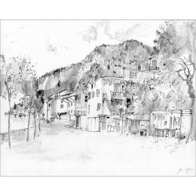 GANTNER Bernard - Kohlezeichnung ''Le village'' 36x46cm