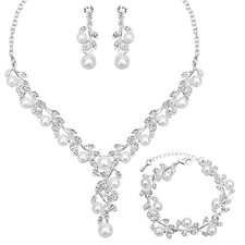 Elegant Bridal Necklace Earrings Style 1 - White pearl - Silver tone