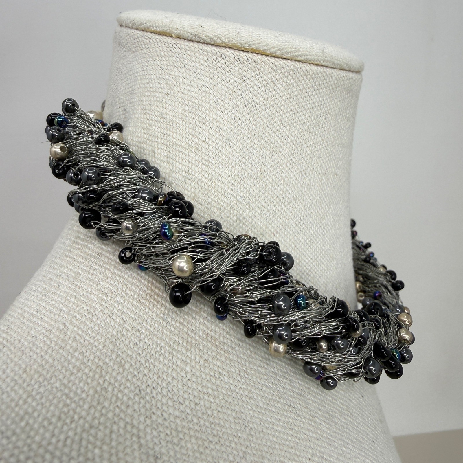 Wire Wrapped Pearl Beaded Statement Necklace Blac… - image 9