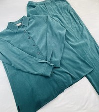 Talbots Green Stretch Sueded 2 Pc Pant Suit Button Down Top Jacket Womens Sz 10