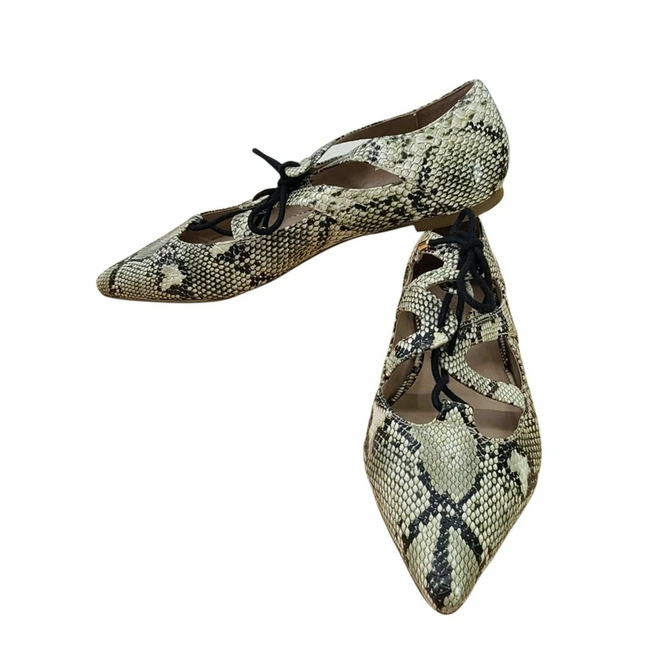 TOPSHOP Womens Faux Snakeskin Leather Lace up Pointed Toe Flats Size 7.5 US - Image 2 of 4