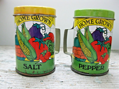 Vintage Tin Salt & Pepper Shakers With Handle By New Design Garden Vegetables