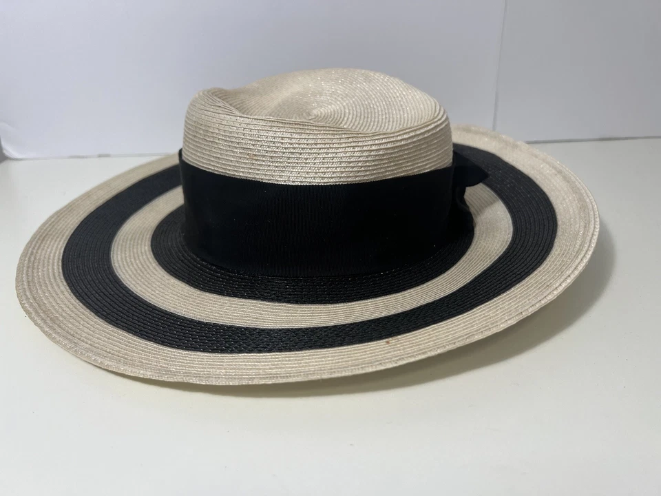 Vintage 1980s Hat by Ernie Beige Black Bow White Wide Brim Pretty Woman - Image 2 of 4