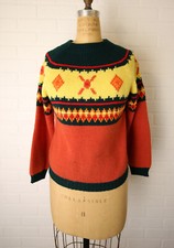 Vintage Prepster Knits Fair Isle Acrylic Sweater Girls M 12-14 Orange Yellow