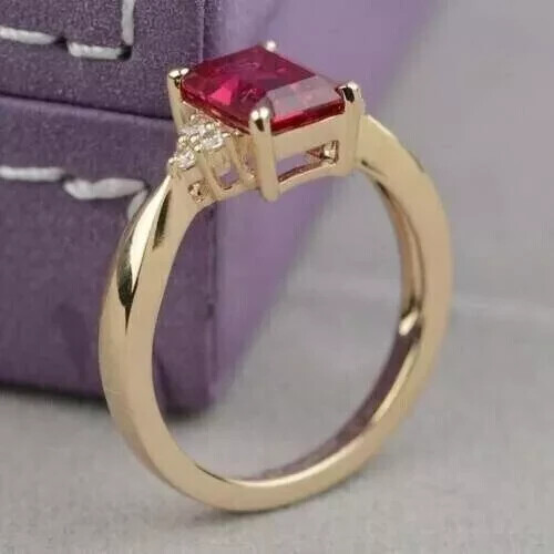 2ct Emerald Cut Lab-Created Ruby Women Engagement Ring 14k Yellow Gold ...