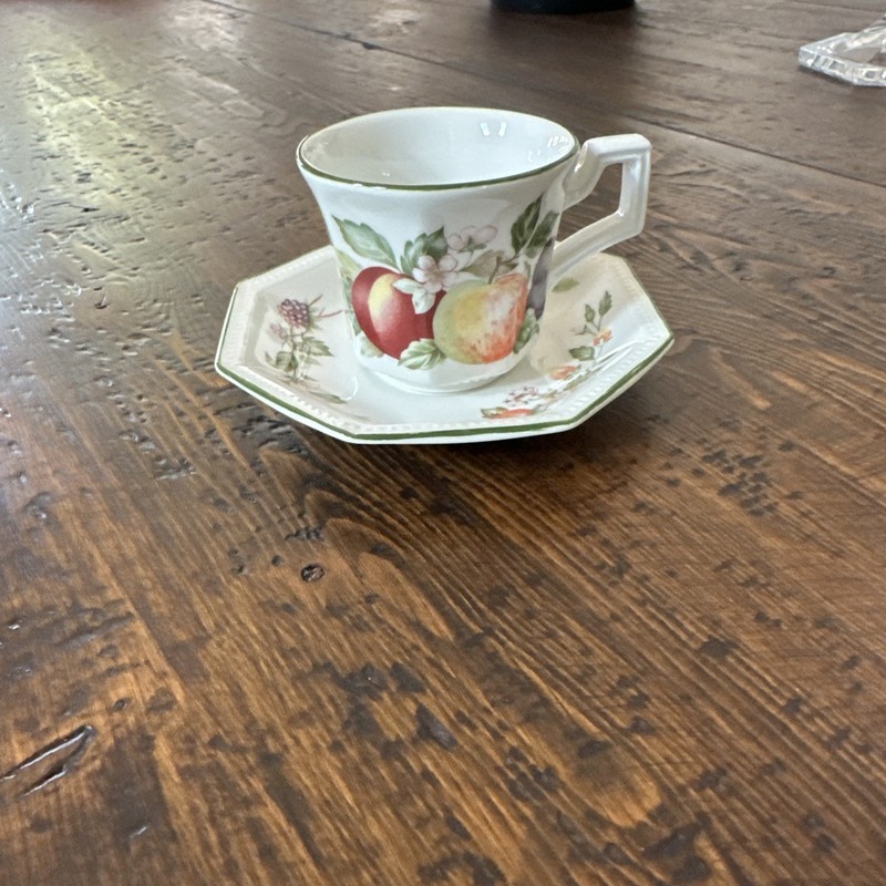 JOHNSON BROS- 8 SIDED TEA CUP & SAUCER- FRUIT- DISH/MICRO SAFE- ENGLAND- MINT!