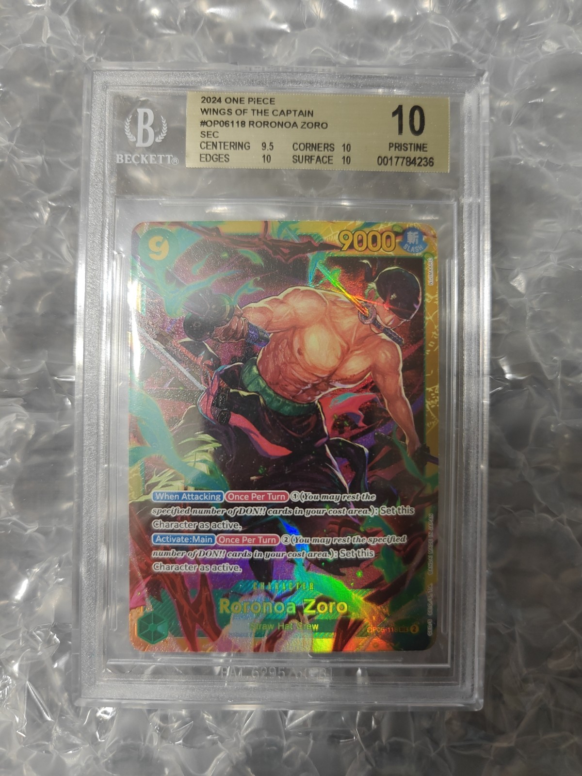 One Piece - Roronoa Zoro OP06-118 - SEC Secret Rare BGS 10 Pristine English
