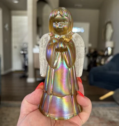 Iridescent Marigold Carnival Glass Fenton Praying Angel Figurine Sugared Wings