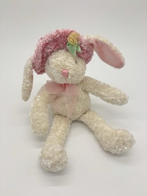 Dan Dee White Bunny Rabbit Floppy Plush in Pink Hat 12'' Bean-Filled Plushie