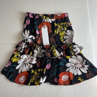 Marni Damen schwarz Blumen Rüschen Seidenmischung Satin ausgestellt Rock UK 8-10 neu mit Etikett