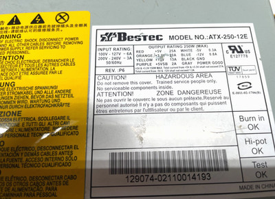 Bestec Model No. ATX-250-12E Power Supply 250W MAX From Working Unit