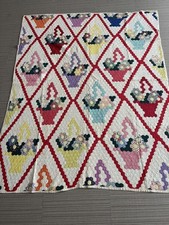 Antique Vintage Patchwork Quilt Flower Basket Handcraft Bed Cover 162 201cm