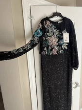 MAC DUGGAL FLORAL APPLIQUÉ LONG SLEEVE ILLUSION GOWN Sage- Size 14 #LD01