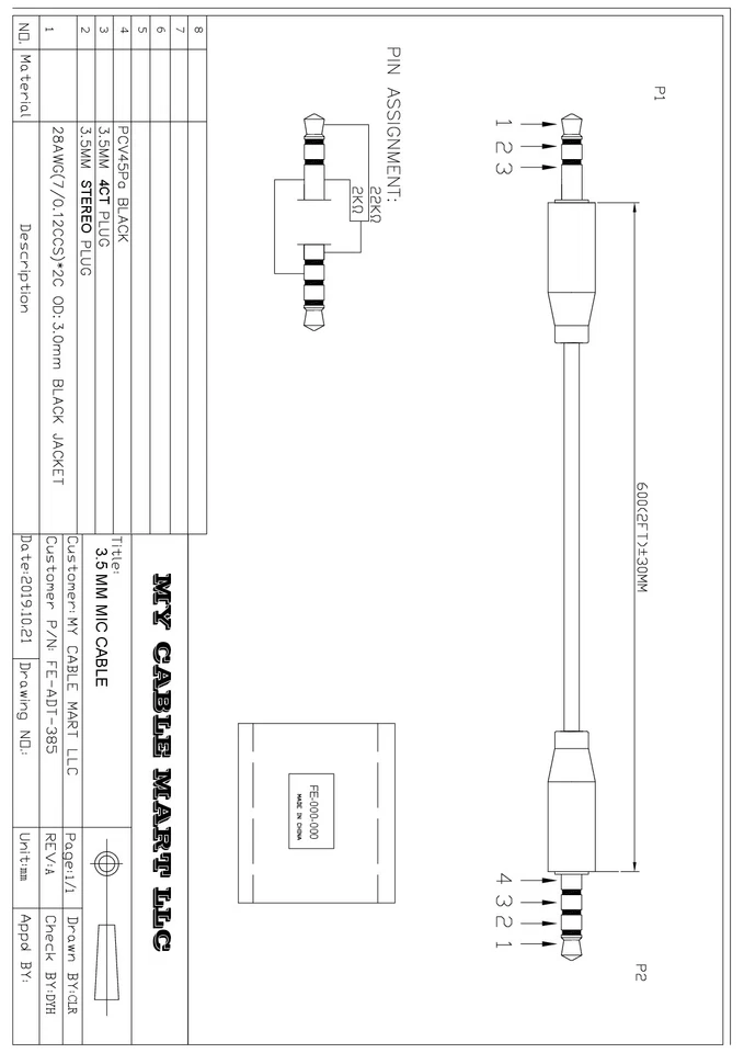 2ft 3.5mm TRS Male to 3.5mm TRRS Angled Male LINE LEVEL RECORDING Cable - Image 3 of 3