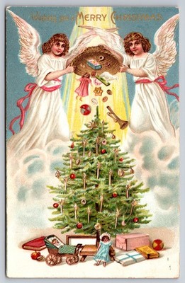 Two Angels Deliver Toys Atop A Christmas Tree, Embossed Christmas Postcard