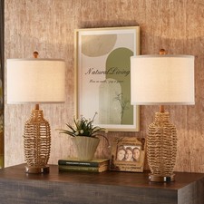 Set of 2 Rattan Table Lamps, Dimmable Touch, USB Ports, LED Bulbs Included