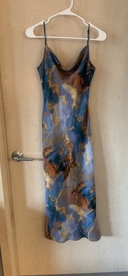 Micas Small Midi Slip Dress Abstract Print  Satin Drape Neck Scoop Back